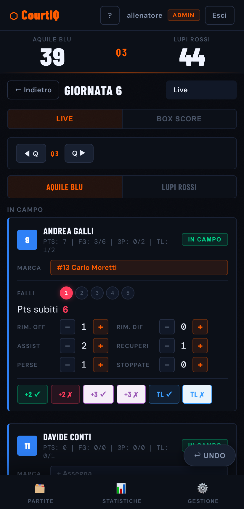 Schermata live della squadra principale