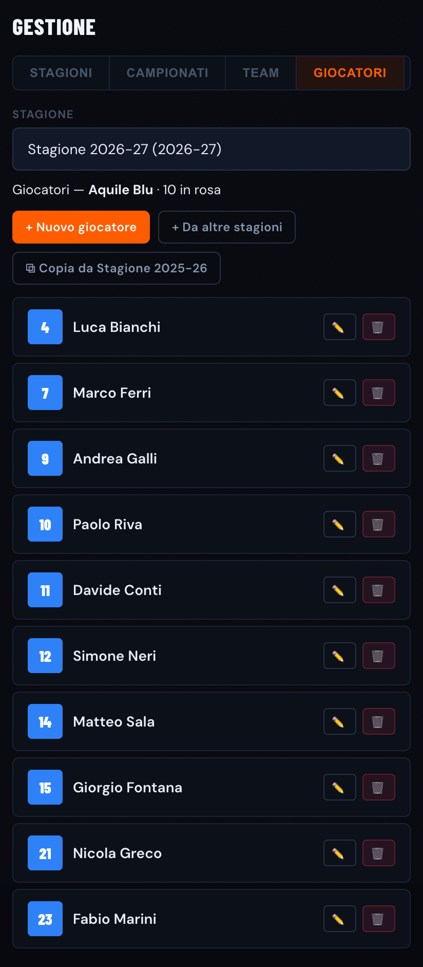 Gestione giocatori