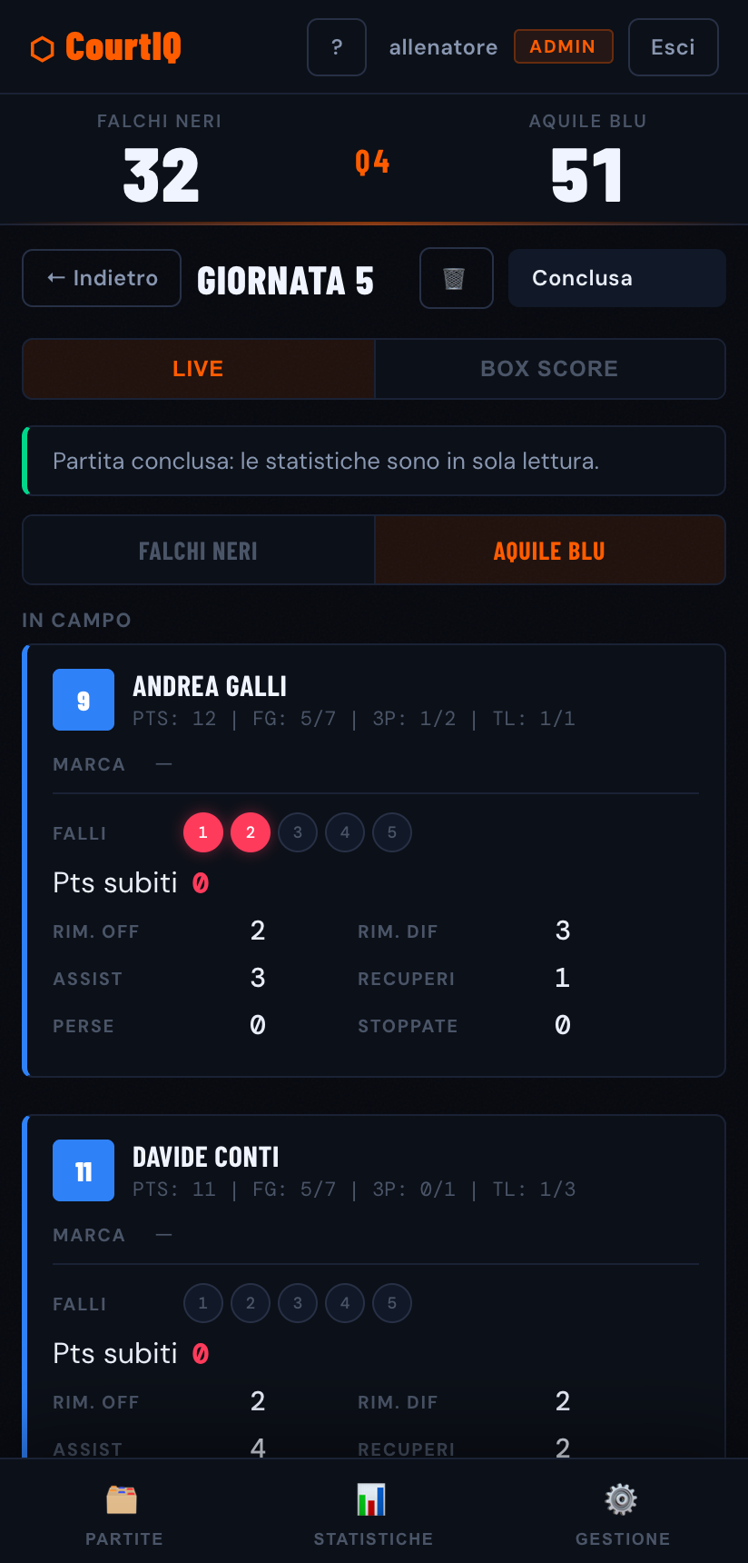 Scheda Live di una partita conclusa in sola lettura